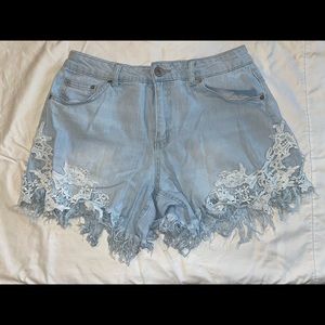 Denim shorts with white fringe. Size 8